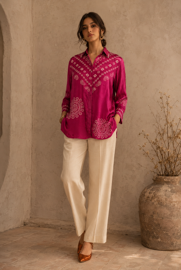 Magenta Bandhani Printed Satin Shirt for Women
