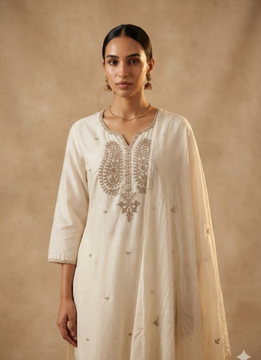 Off-White Embroidered Cotton Kurta Set with Dupatta