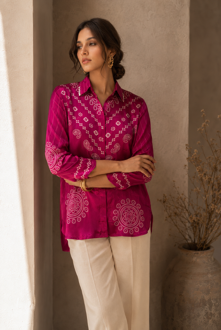 Magenta Bandhani Printed Satin Shirt for Women