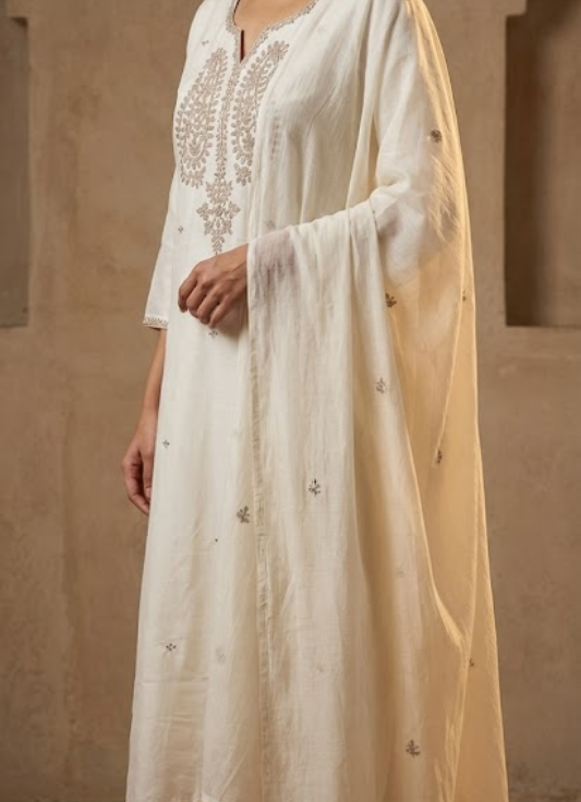 Off-White Embroidered Cotton Kurta Set with Dupatta