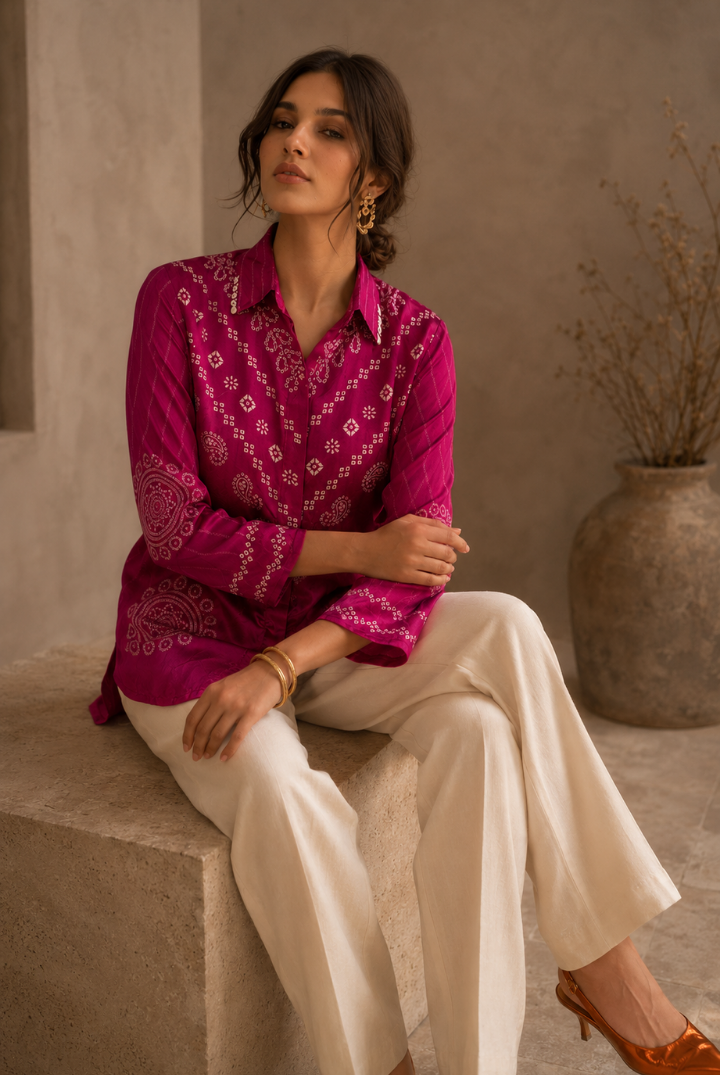 Magenta Bandhani Printed Satin Shirt for Women
