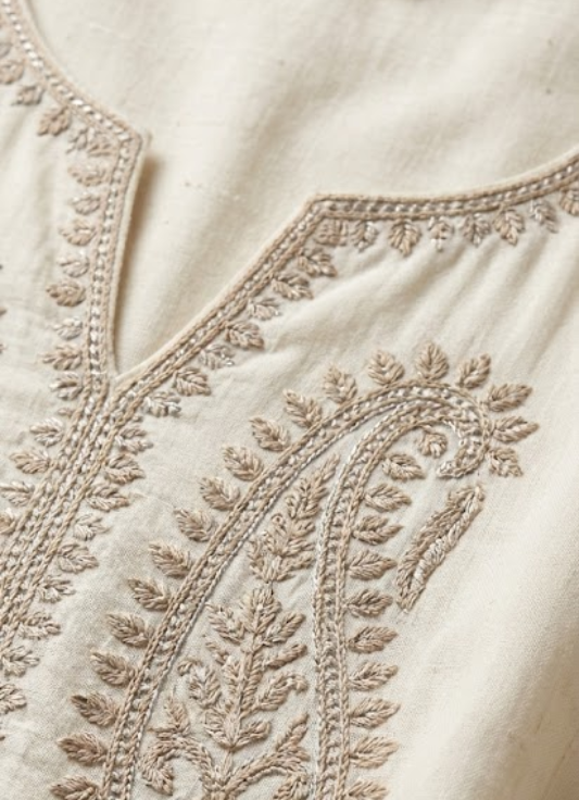 Off-White Embroidered Cotton Kurta Set with Dupatta