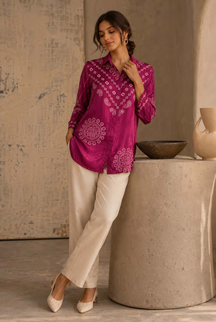 Magenta Bandhani Printed Satin Shirt for Women