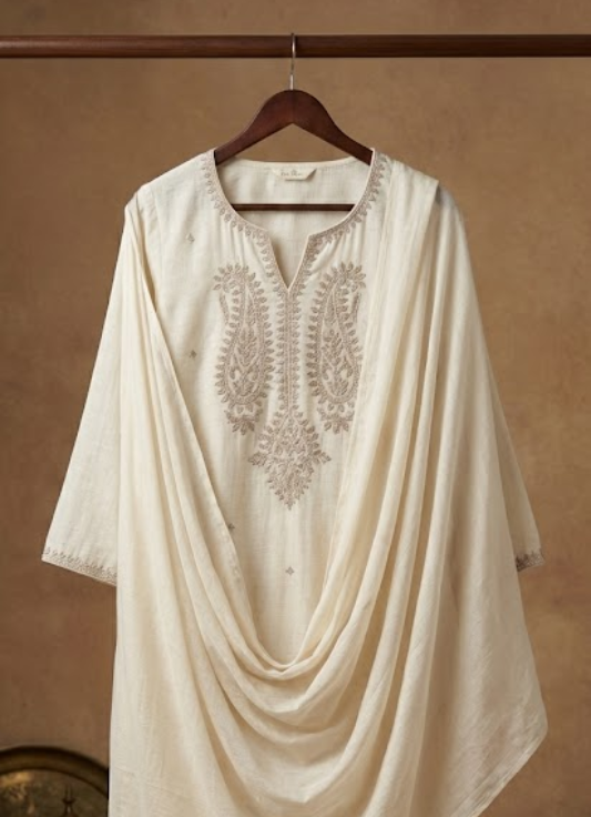 Off-White Embroidered Cotton Kurta Set with Dupatta