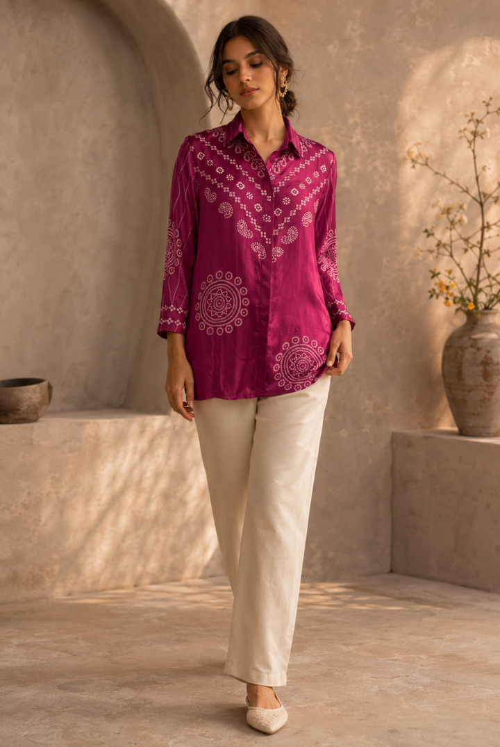 Magenta Bandhani Printed Satin Shirt for Women