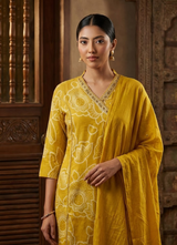 Mustard Yellow Embroidered Cotton Kurta Set with Dupatta