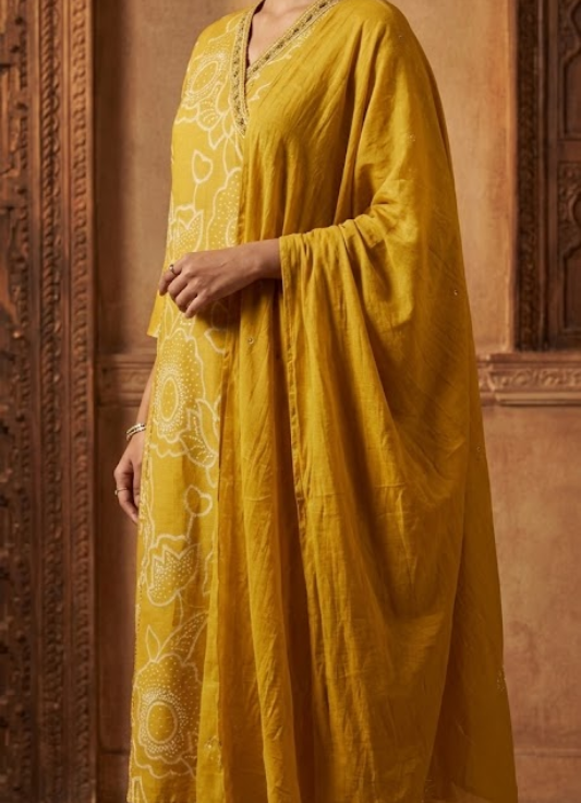 Mustard Yellow Embroidered Cotton Kurta Set with Dupatta