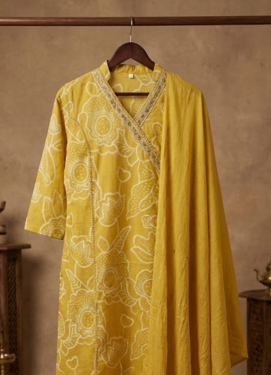 Mustard Yellow Embroidered Cotton Kurta Set with Dupatta