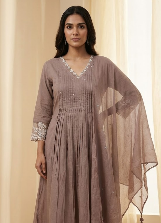 Mauve Pintuck Embroidered Cotton Kurta Set with Dupatta