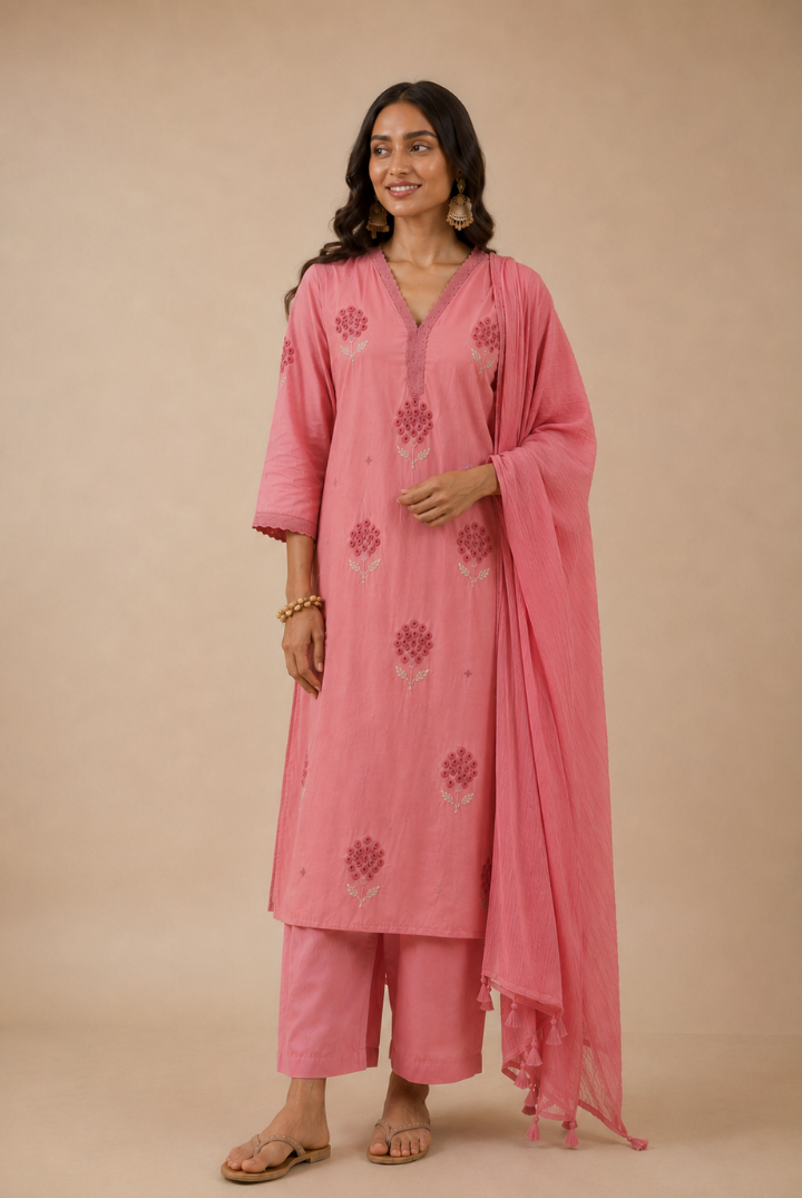 Rose Pink Floral Butta Embroidered Cotton Kurta Set with Dupatta