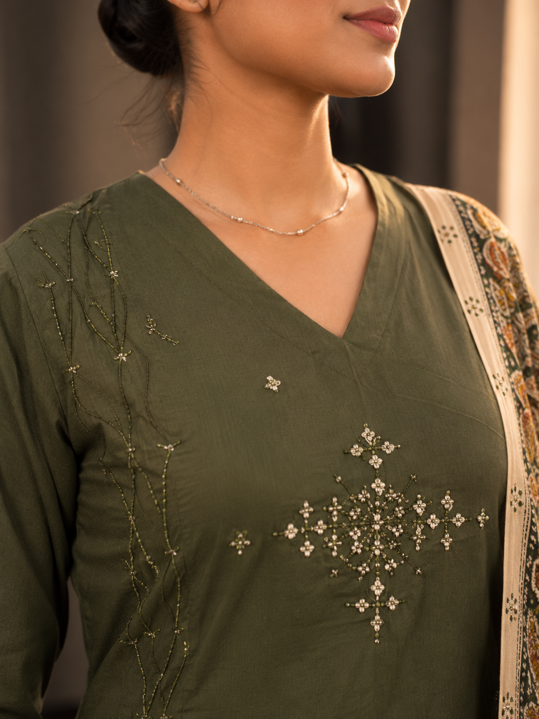 Olive Grace Cotton Kurta Set with Printed Dupatta