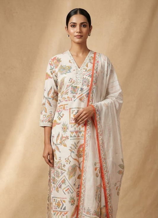 Off-White Printed Cotton Kurta Set with Dupatta