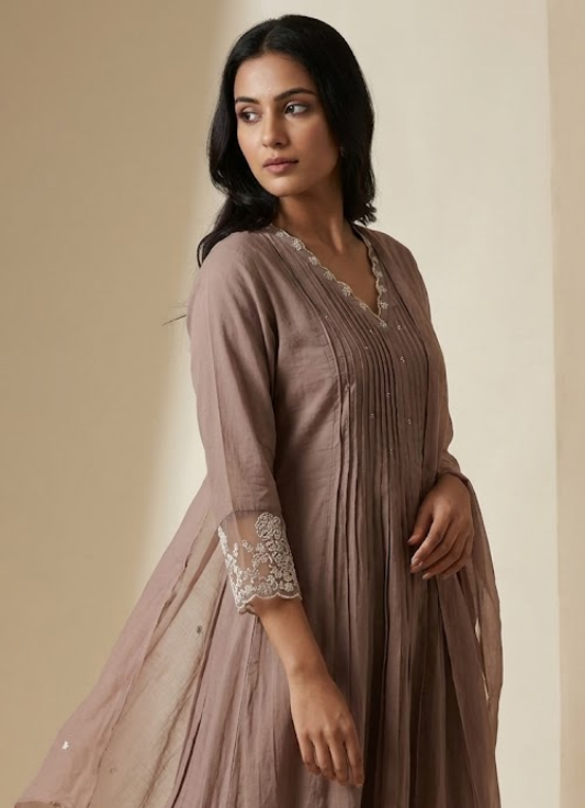 Mauve Pintuck Embroidered Cotton Kurta Set with Dupatta