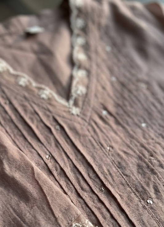 Mauve Pintuck Embroidered Cotton Kurta Set with Dupatta