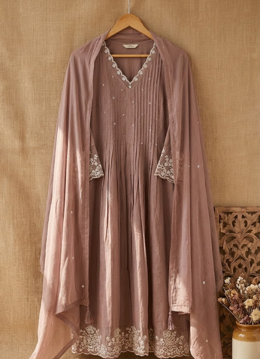 Mauve Pintuck Embroidered Cotton Kurta Set with Dupatta