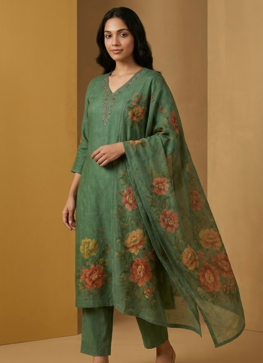 Forest Green Floral Printed Cotton Kurta Set with Dupatta