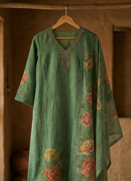 Forest Green Floral Printed Cotton Kurta Set with Dupatta