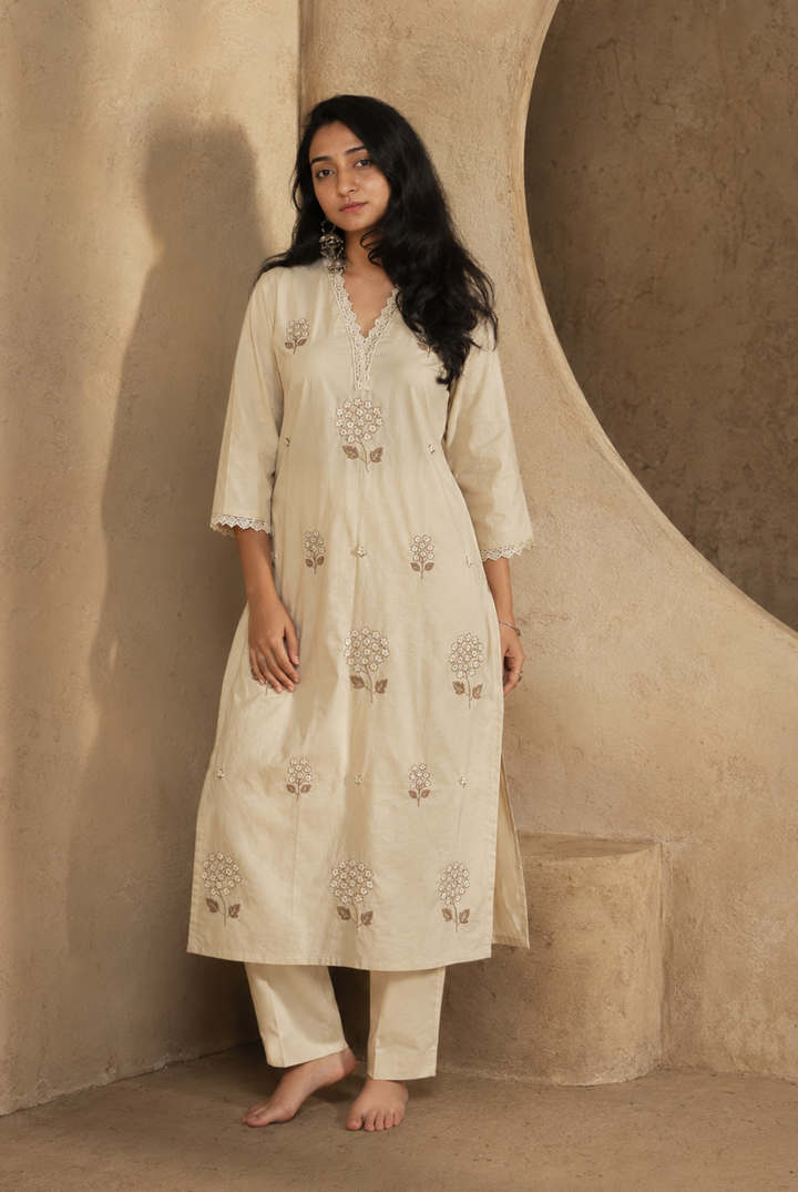 Ivory Bloom Embroidered Office Kurta Set