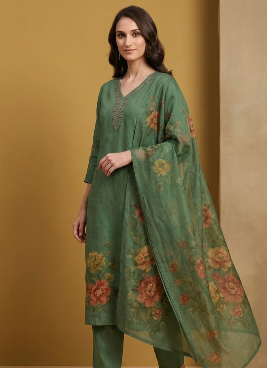 Forest Green Floral Printed Cotton Kurta Set with Dupatta