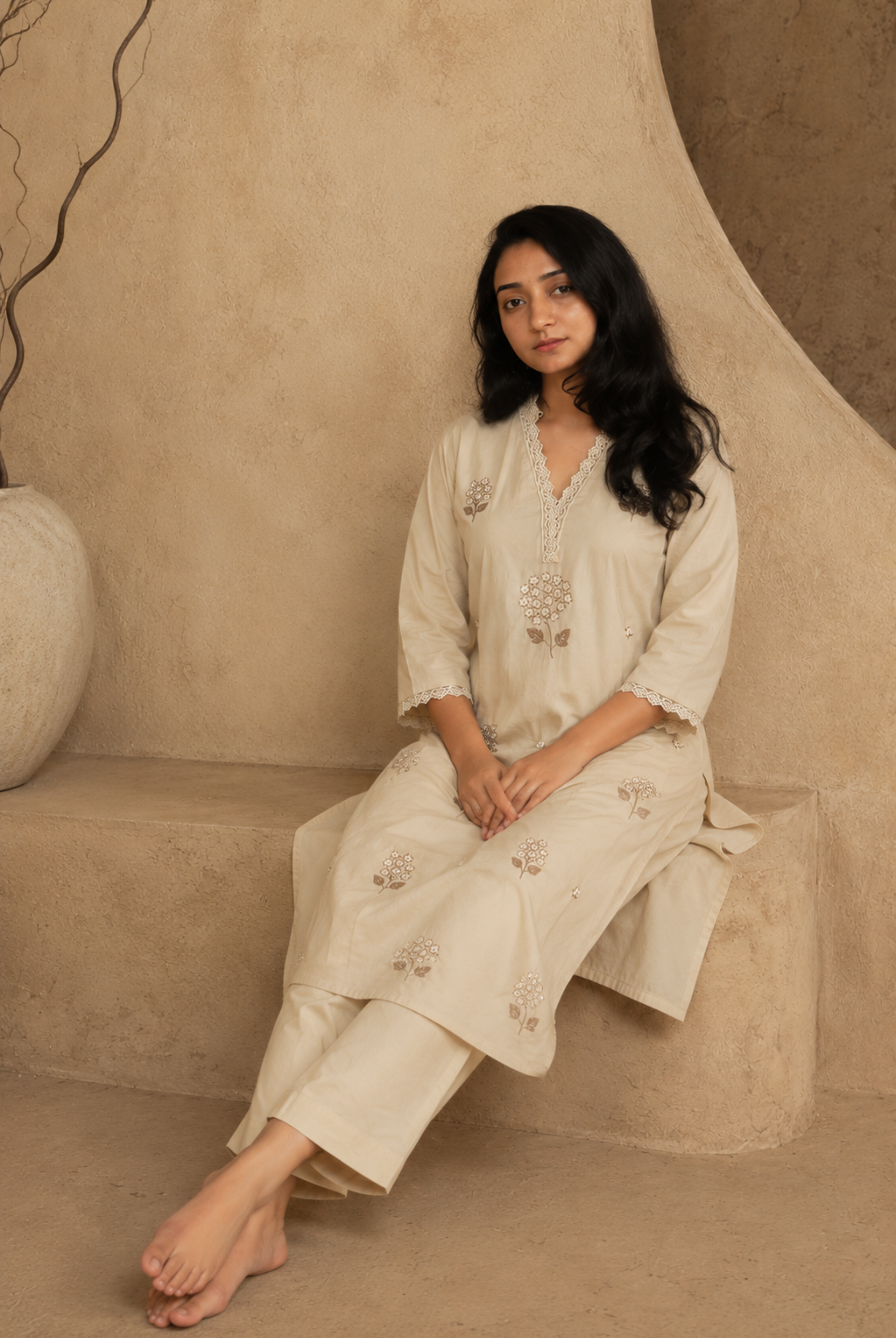Ivory Bloom Embroidered Office Kurta Set