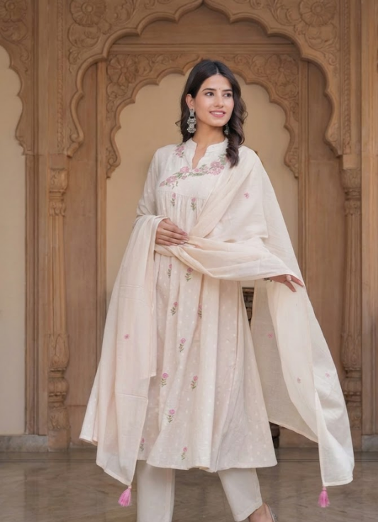 Ivory Floral Embroidered Cotton Kurta Set with Dupatta