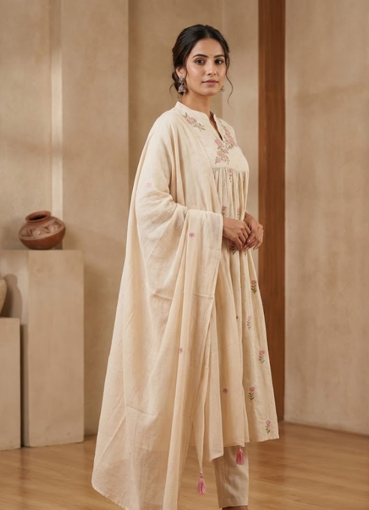 Ivory Floral Embroidered Cotton Kurta Set with Dupatta
