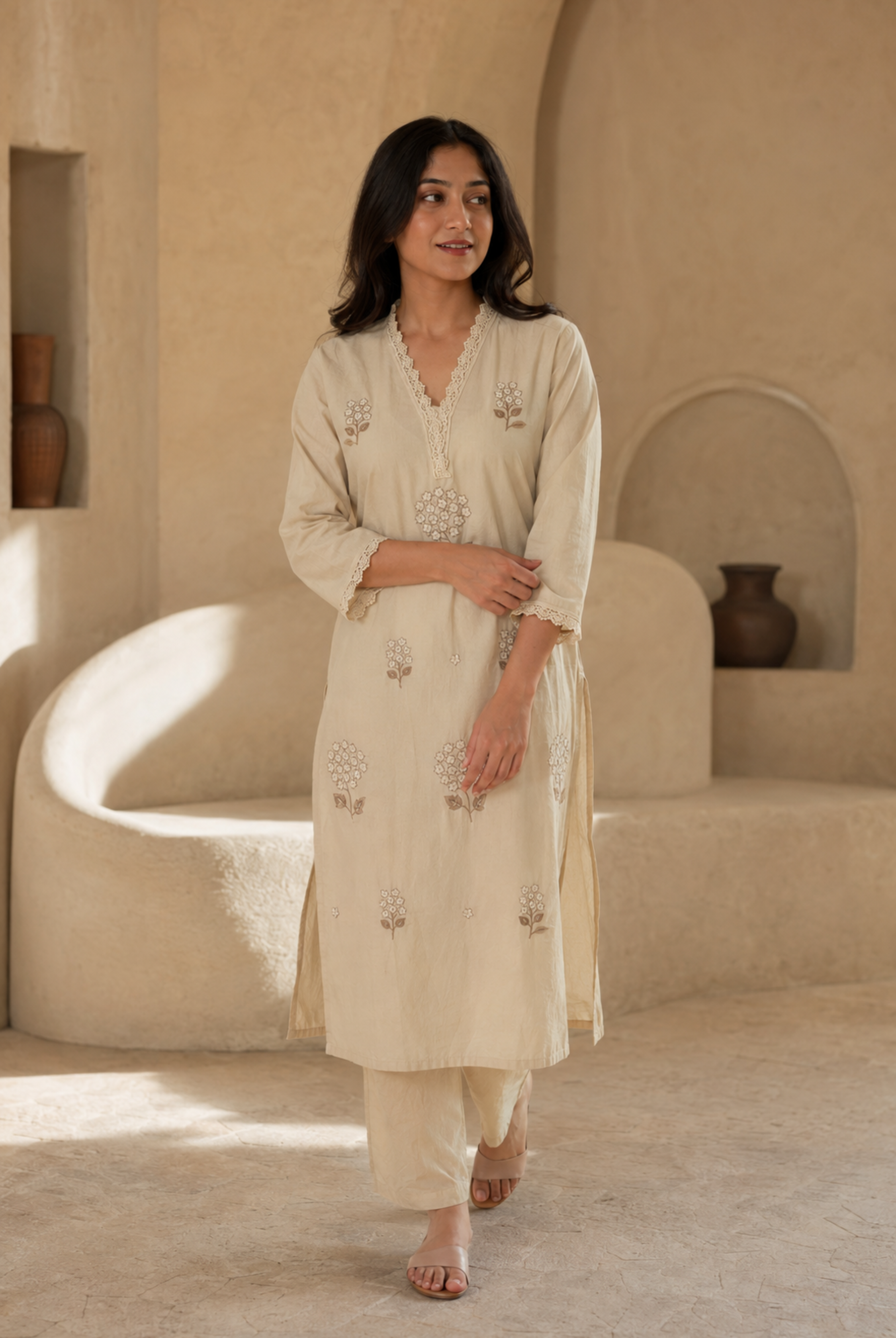 Ivory Bloom Embroidered Office Kurta Set