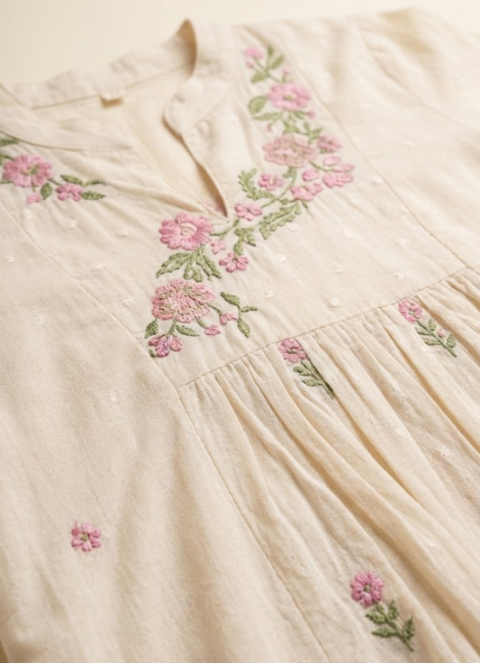 Ivory Floral Embroidered Cotton Kurta Set with Dupatta