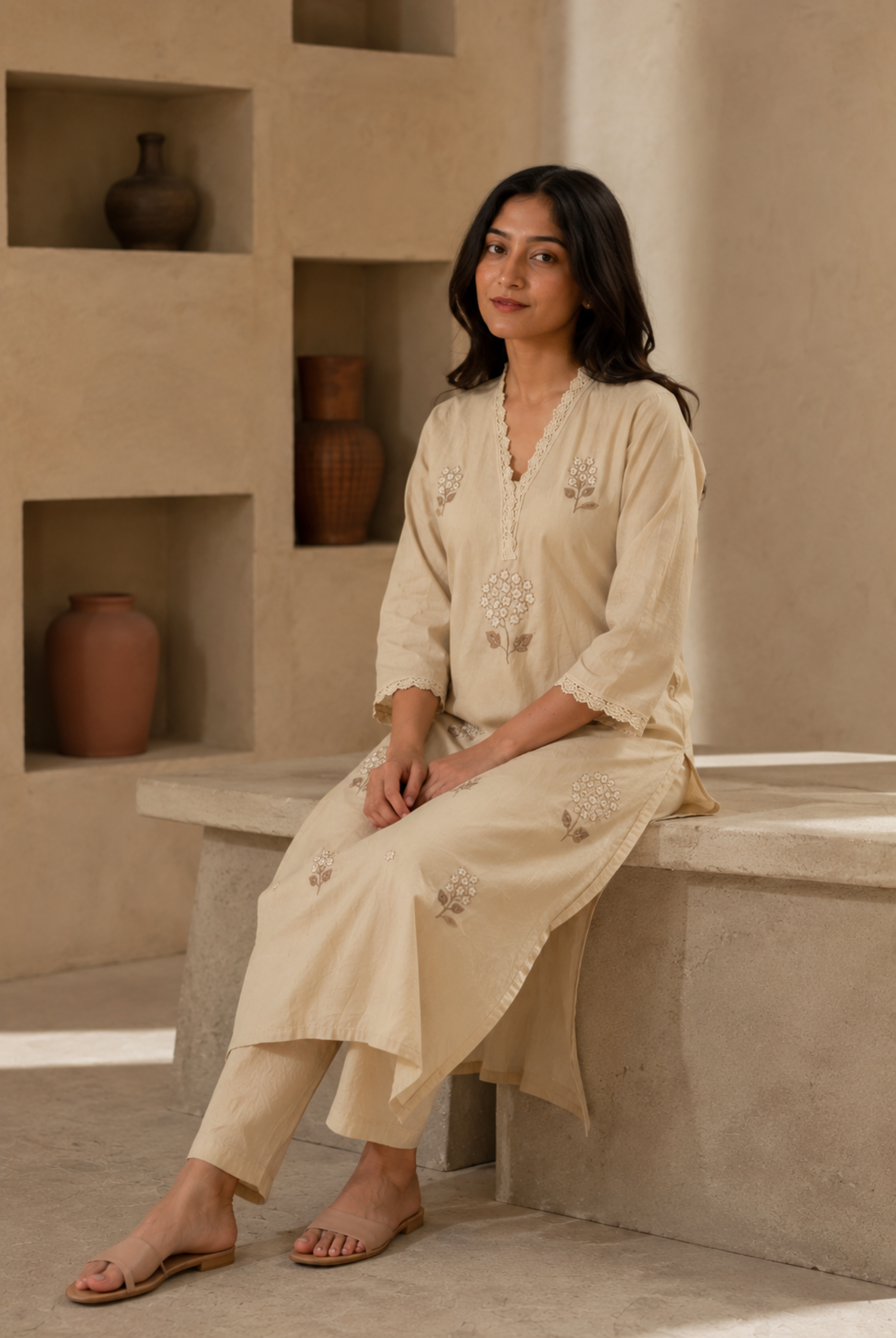 Ivory Bloom Embroidered Office Kurta Set