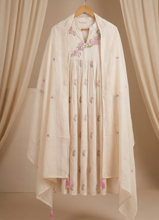 Ivory Floral Embroidered Cotton Kurta Set with Dupatta