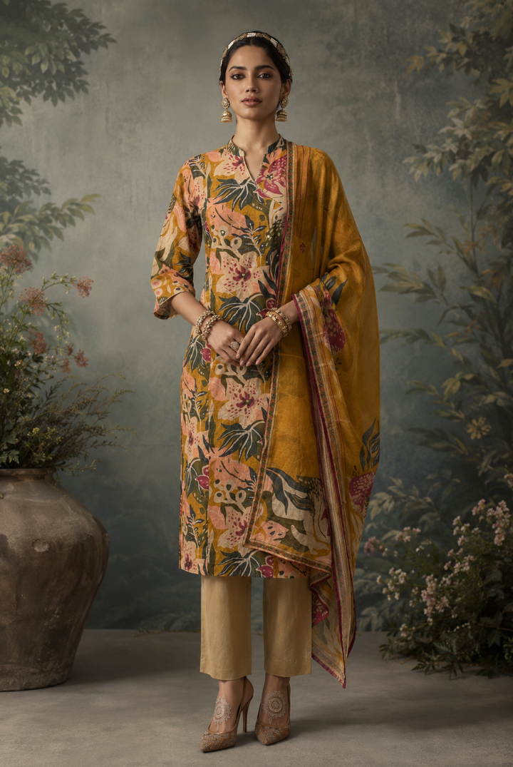 Mustard Tropical Floral Printed Kurta Set with Dupatta