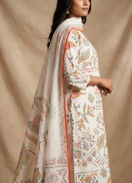 Off-White Printed Cotton Kurta Set with Dupatta