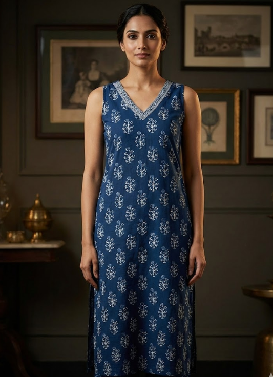 Indigo Blue Sleeveless Printed Cotton Long Kurta
