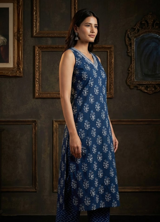 Indigo Blue Sleeveless Printed Cotton Long Kurta