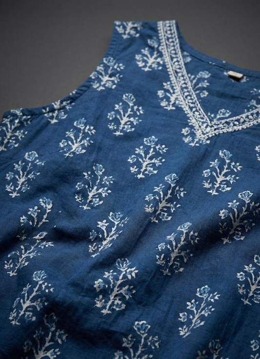 Indigo Blue Sleeveless Printed Cotton Long Kurta