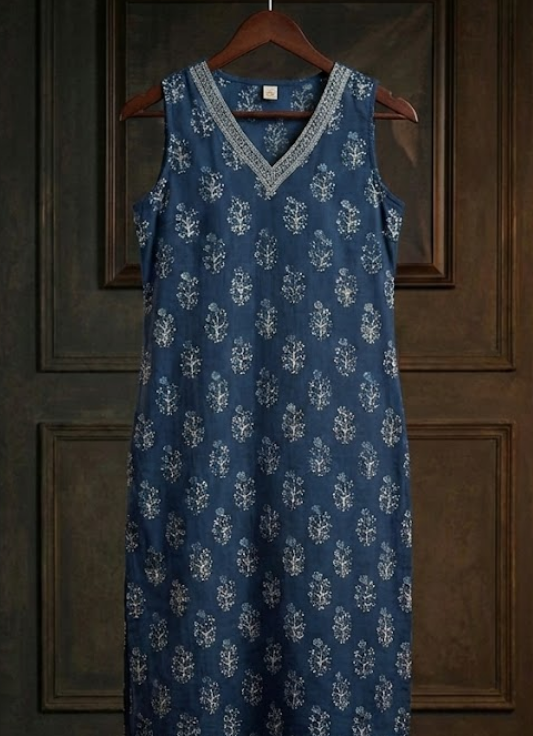 Indigo Blue Sleeveless Printed Cotton Long Kurta
