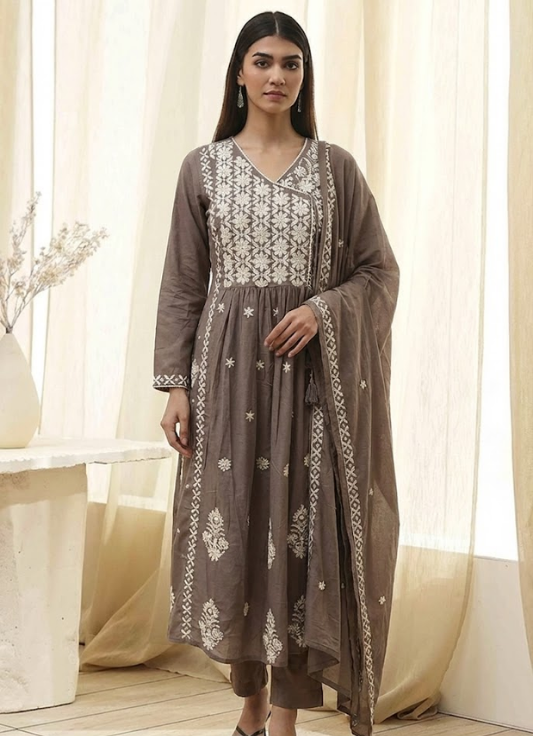Stone Brown Embroidered Cotton Kurta Set with Dupatta