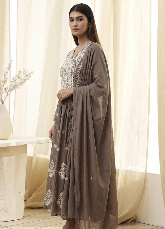 Stone Brown Embroidered Cotton Kurta Set with Dupatta