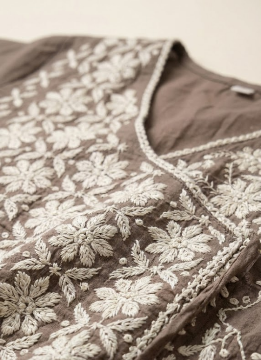 Stone Brown Embroidered Cotton Kurta Set with Dupatta