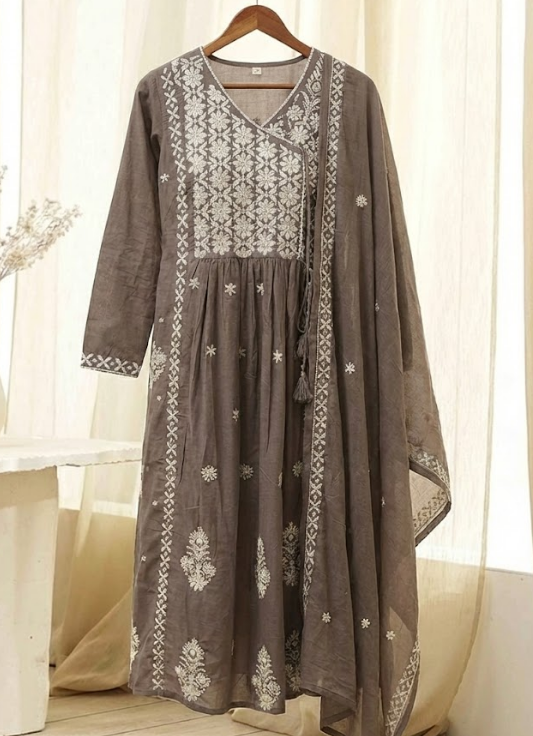Stone Brown Embroidered Cotton Kurta Set with Dupatta