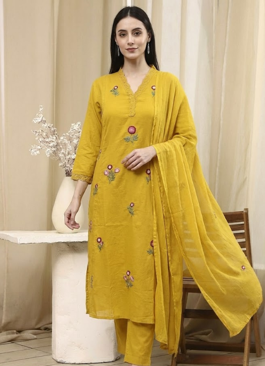 Sunlit Mustard Floral Embroidered Cotton Kurta Set with Dupatta
