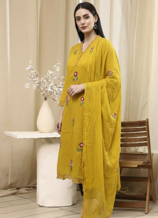 Sunlit Mustard Floral Embroidered Cotton Kurta Set with Dupatta