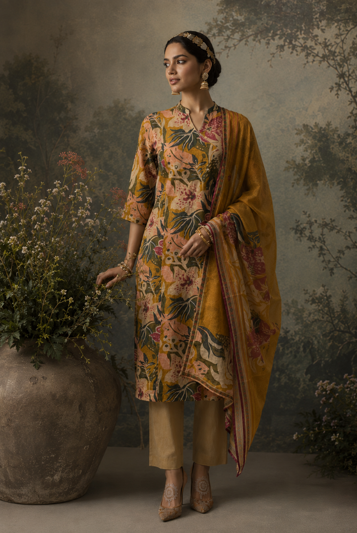 Mustard Tropical Floral Printed Kurta Set with Dupatta