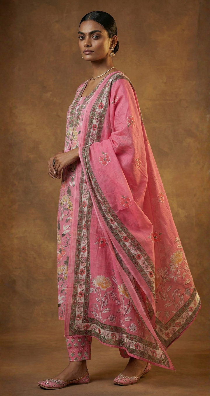 Women’s Pink Floral Printed Kurta Set with Dupatta
