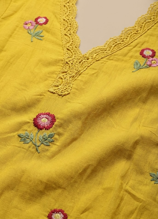 Sunlit Mustard Floral Embroidered Cotton Kurta Set with Dupatta