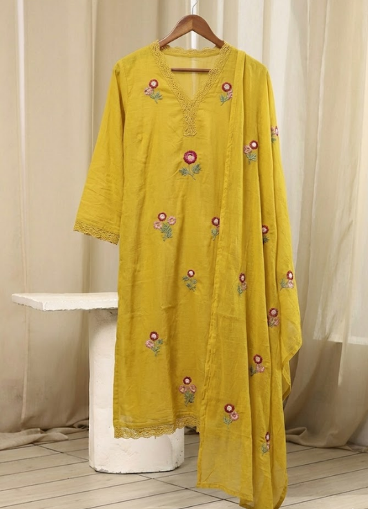 Sunlit Mustard Floral Embroidered Cotton Kurta Set with Dupatta