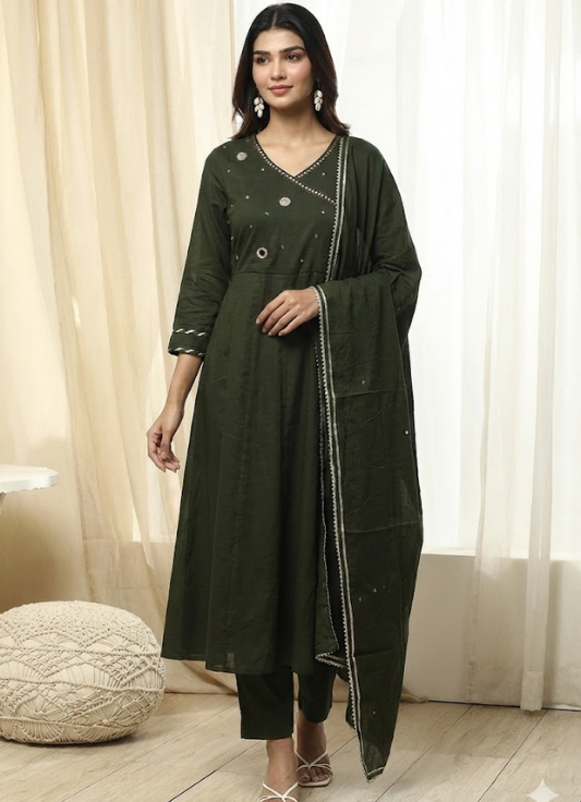 Forest Green Embellished Cotton Kurta Set with Dupatta