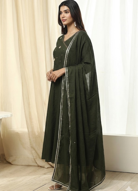 Forest Green Embellished Cotton Kurta Set with Dupatta
