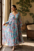 Aqua Floral Printed Anarkali Dress