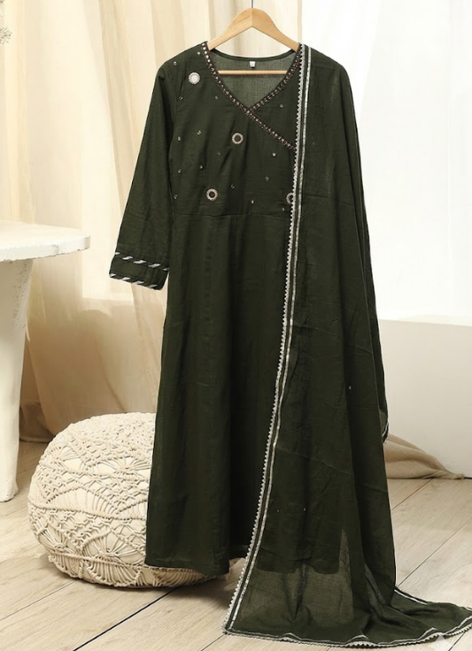 Forest Green Embellished Cotton Kurta Set with Dupatta